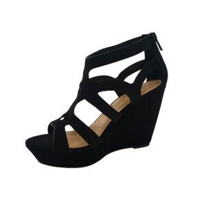 Black Strappy Open-Toe Wedge Sandals With Back Zipper Closure For Women, Size 8.